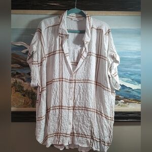 Jane Delancey White and Brown Plaid Button-Up Shirt Plus Size 2XL